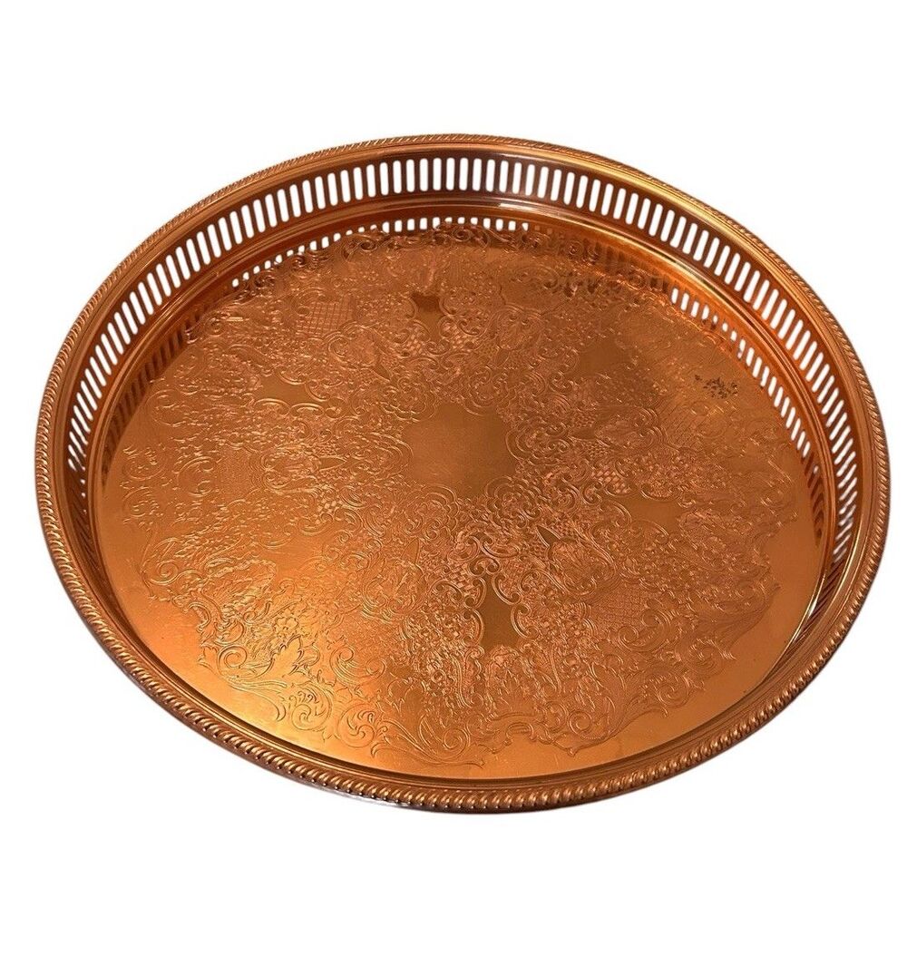 Vintage 70s Copper Craft Guild Solid Copper Pierces 15” Round Copper Tray